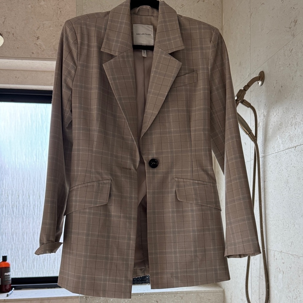 Avec Les Filles Taupe Plaid Blazer